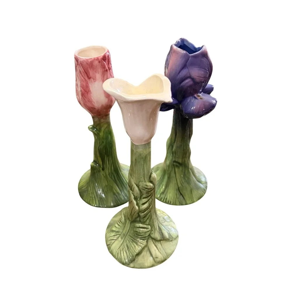 Set of 3 Bud Vases Hand-Painted Ceramic Floral Green Leafy Stems 7.5